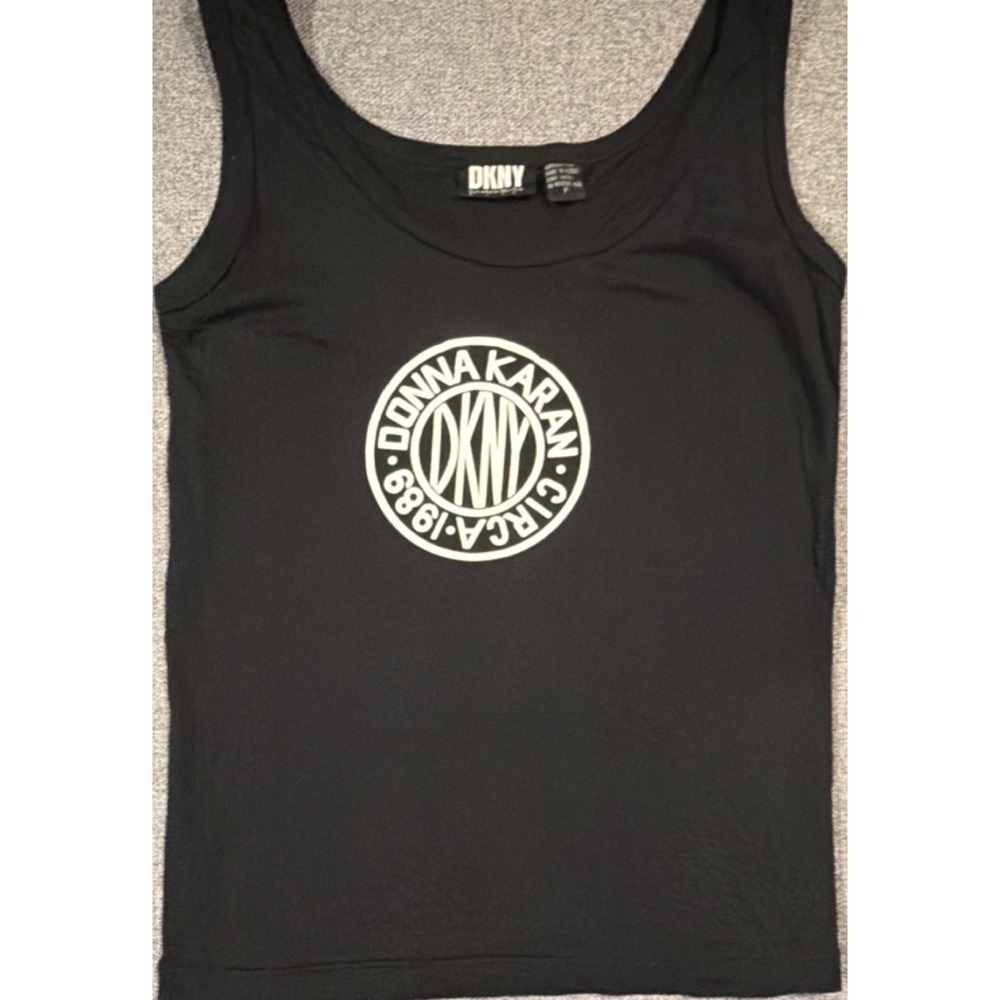 DKNY Knit Tank Top Logo Black Scoop Neck Sleeveless Petite M. Y2K